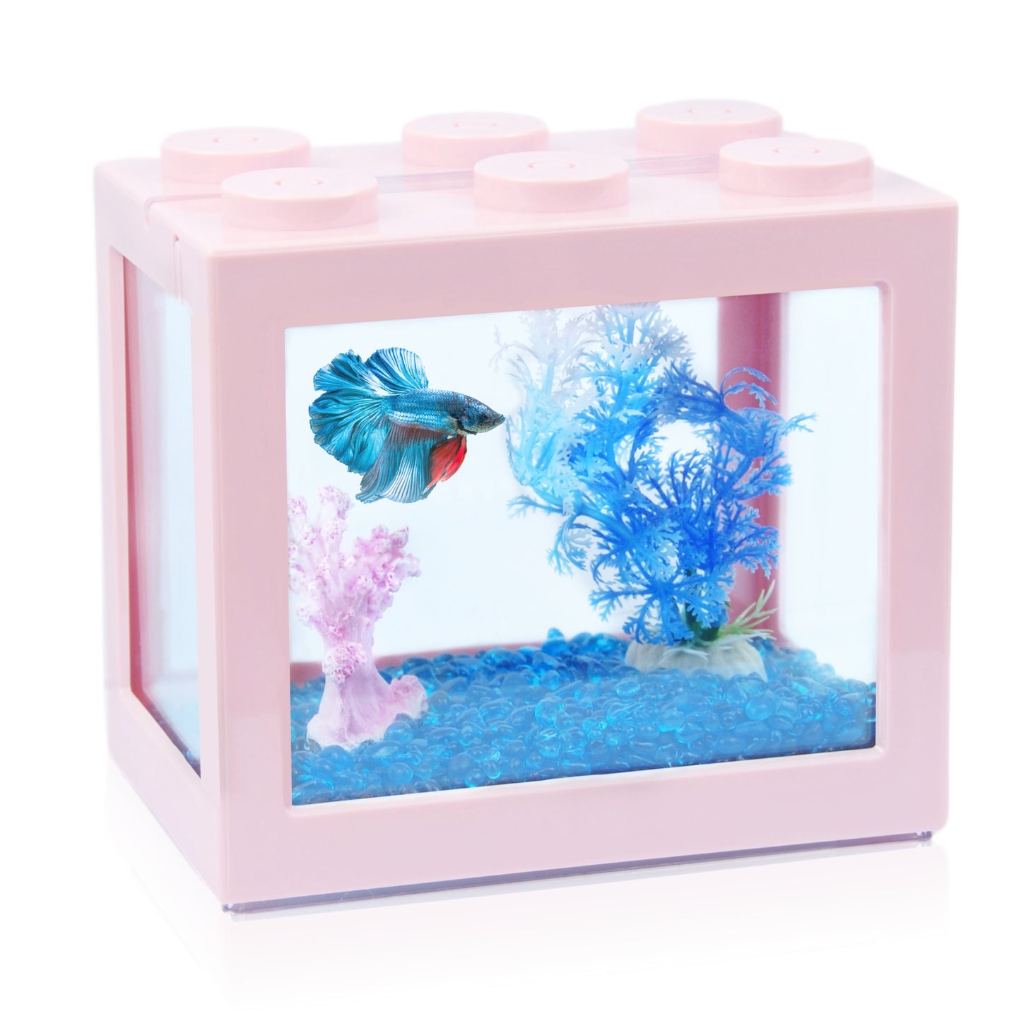 Small Betta Fish Tank, Stackable Mini Fish Tank Aquarium Tank Kit, 3/5 Gallon Rectangular Fish Bowl with Aquarium Gravel Decoration, Cube Tank for Seaweed Balls Sea Monkeys (Pink)