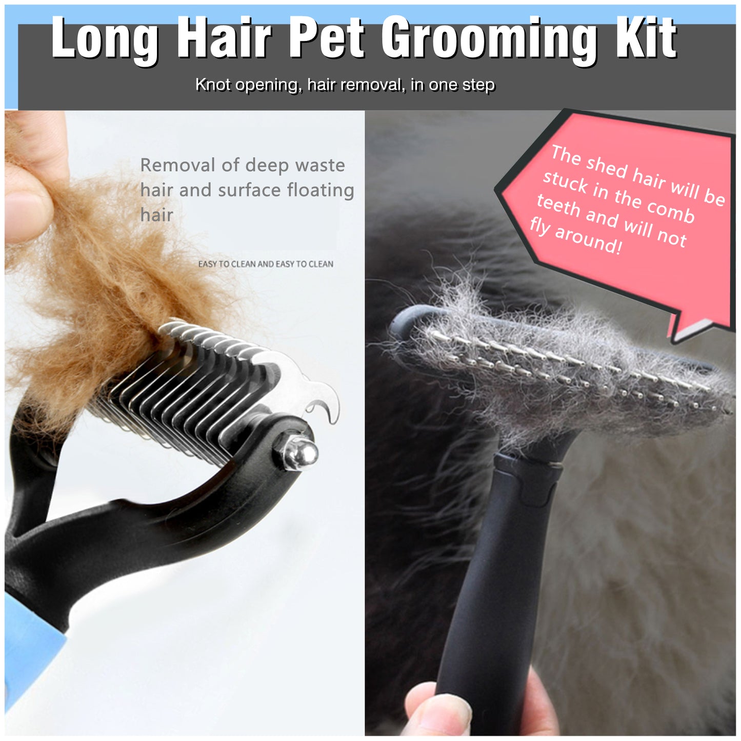 Undercoat Rake for Dogs, Dematting Tool Set Long Haired Dog Grooming Rake Brush + Deshedding Brush Comb, Under Coat Brush Cat Rake with Double Row Stainless Steel Pins