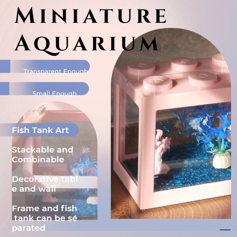 Small Betta Fish Tank, Stackable Mini Fish Tank Aquarium Tank Kit, 3/5 Gallon Rectangular Fish Bowl with Aquarium Gravel Decoration, Cube Tank for Seaweed Balls Sea Monkeys (Pink)