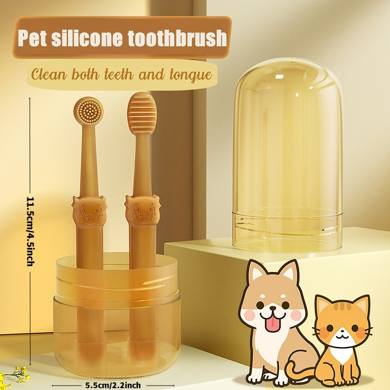 Dog Toothbrush, Pet Silicone Toothbrush Cat Tooth Brushing Kit with Storage Cup, 360° Doggie Kitten Toothbrush Tongue Cleaning Brush, Dental Care for Small Pets Ferret Dutch Pigs