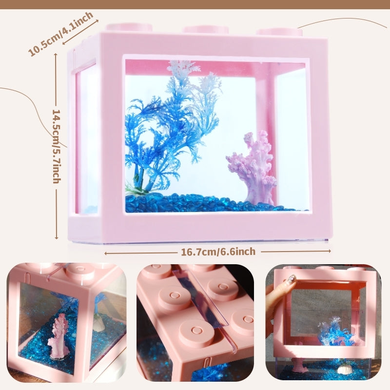 Small Betta Fish Tank, Stackable Mini Fish Tank Aquarium Tank Kit, 3/5 Gallon Rectangular Fish Bowl with Aquarium Gravel Decoration, Cube Tank for Seaweed Balls Sea Monkeys (Pink)