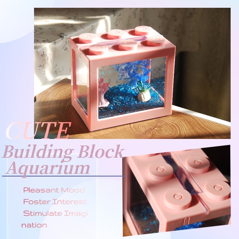 Small Betta Fish Tank, Stackable Mini Fish Tank Aquarium Tank Kit, 3/5 Gallon Rectangular Fish Bowl with Aquarium Gravel Decoration, Cube Tank for Seaweed Balls Sea Monkeys (Pink)