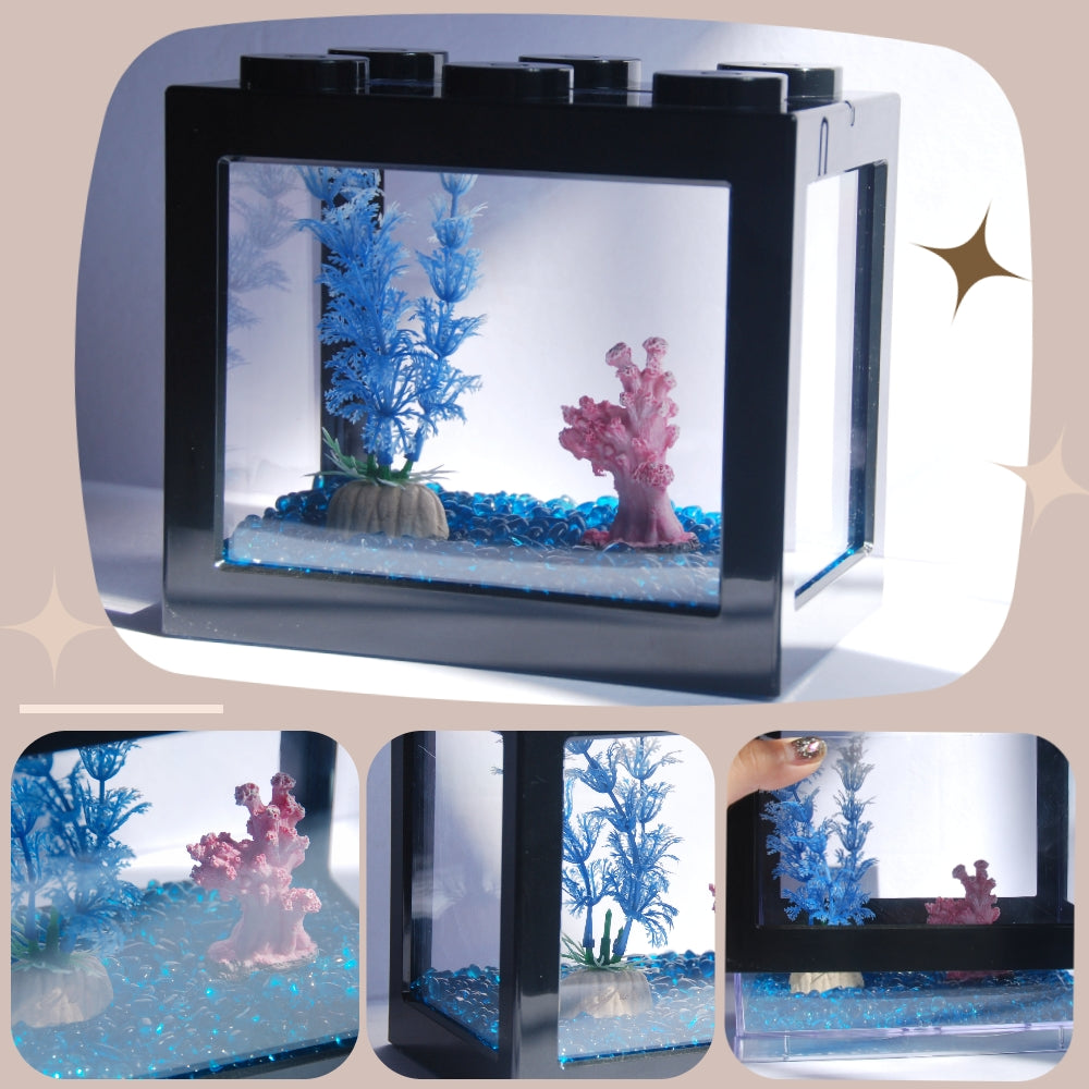Small Betta Fish Tank, Stackable Mini Fish Tank Aquarium Tank Kit, 3/5 Gallon Rectangular Fish Bowl with Aquarium Gravel Decoration, Cube Tank for Seaweed Balls Sea Monkeys