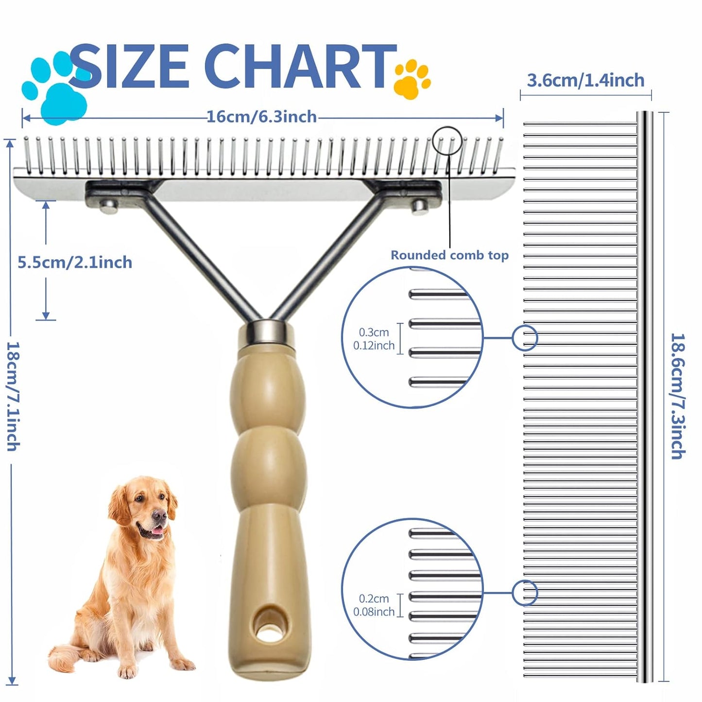 Dog Rake for Undercoat Long Tooth Dogs Comb, Rake Brush+Stainless Steel Shedding Comb, Husky Undercoat Rake Grooming Tool Set for Big Dog Horse