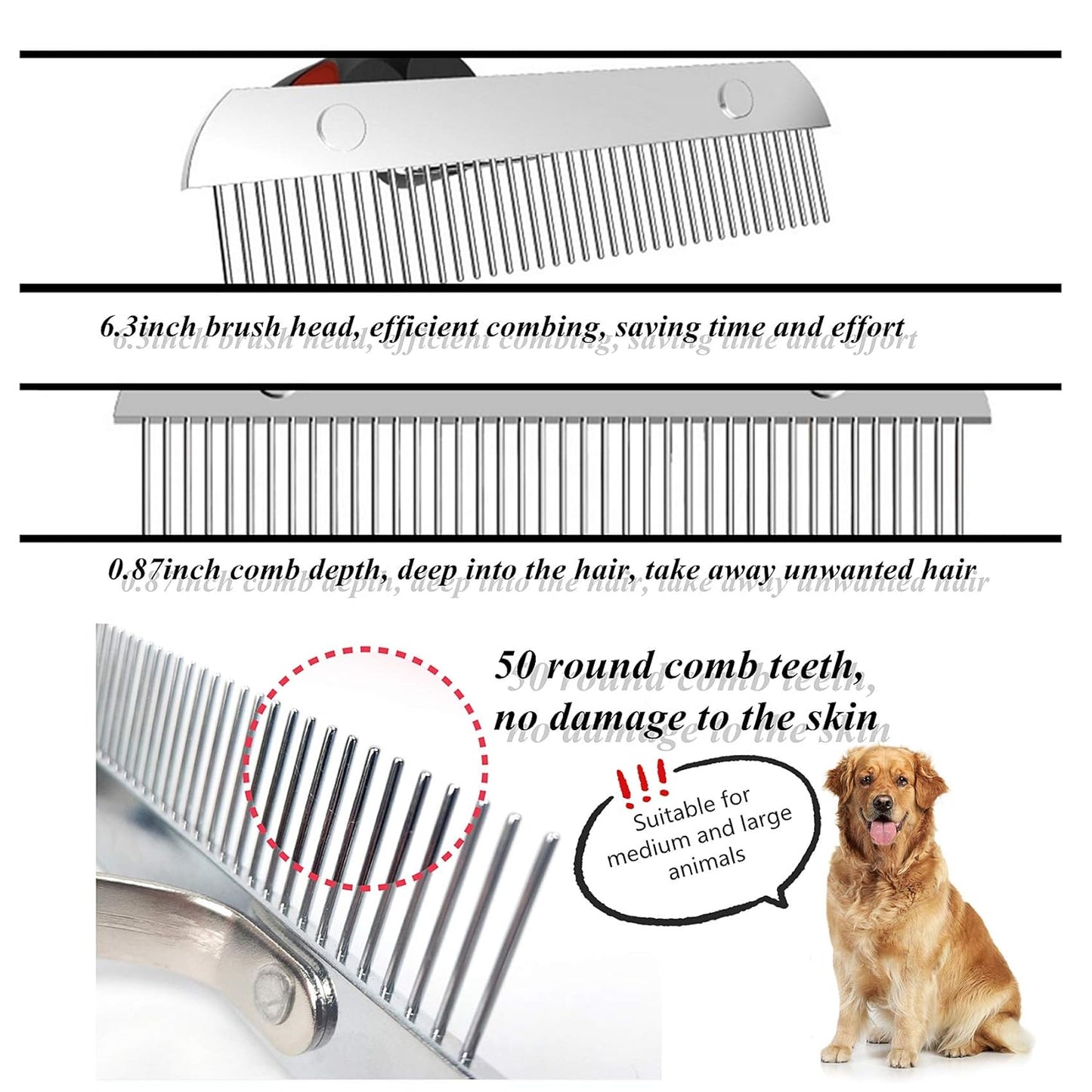 Dog Brushes for Grooming Large Dogs, Long Hair Dog Rake Pet Comb Pet Grooming Brush with Anti-Slip Handle, Steel Comb for Golden Retriever Husky German Shepherd