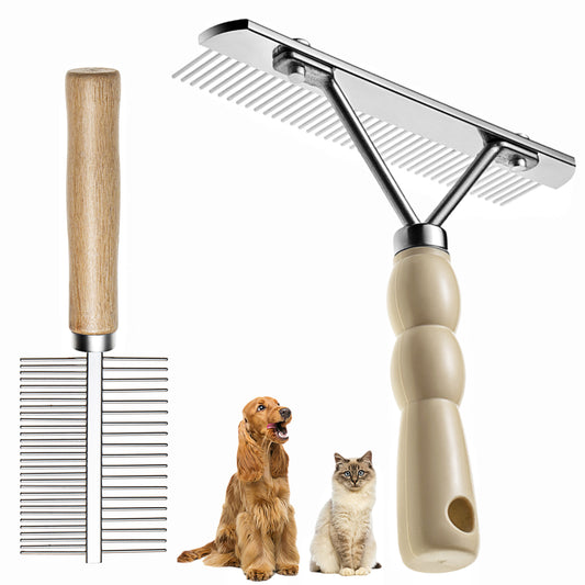 Undercoat Rake for Dogs, Grooming Brush Set Long Tooth Undercoat Dog Rake+Flea Comb,Deshedding Tool Beauty Steel Comb for Golden Retriever Husky German Shepherd Longhair Cat