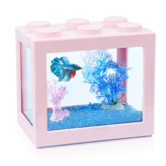 Small Betta Fish Tank, Stackable Mini Fish Tank Aquarium Tank Kit, 3/5 Gallon Rectangular Fish Bowl with Aquarium Gravel Decoration, Cube Tank for Seaweed Balls Sea Monkeys (Pink)