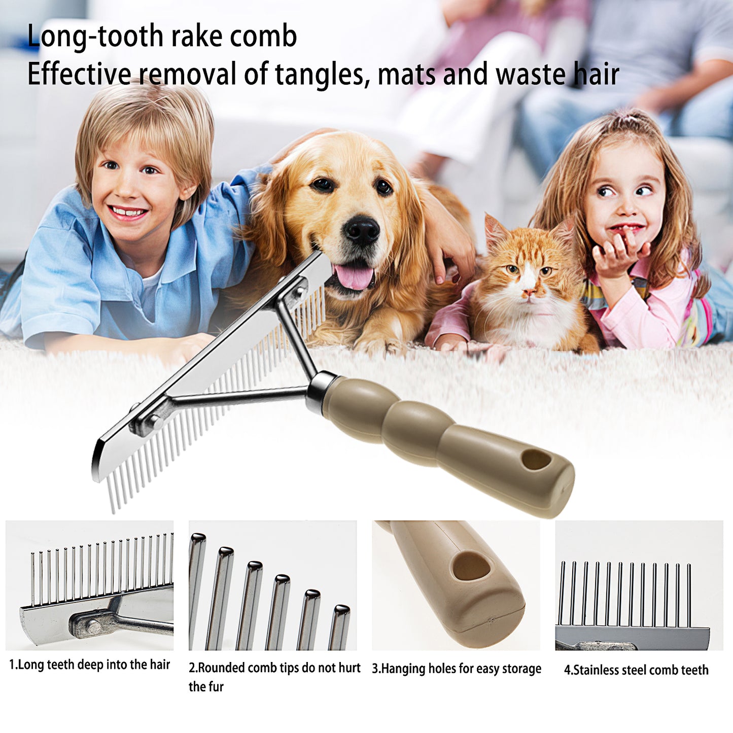 Undercoat Rake for Dogs, Grooming Brush Set Long Tooth Undercoat Dog Rake+Flea Comb,Deshedding Tool Beauty Steel Comb for Golden Retriever Husky German Shepherd Longhair Cat